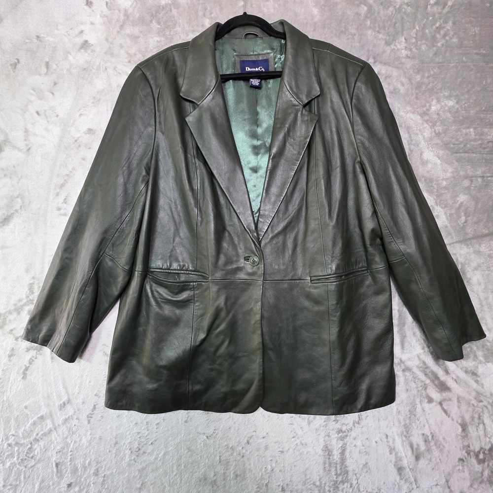 Denim & Co Womens 2X Green Genuine Leather Blazer Single Button Jacket RN 81893